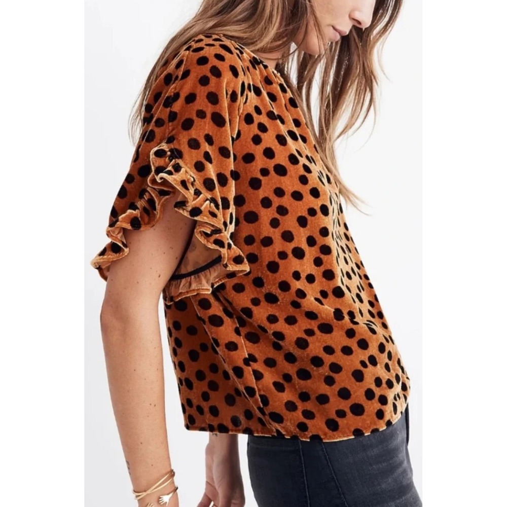 Madewell Velvet Polka Dot Ruffle Sleeve Top Burnt Orange Black Small